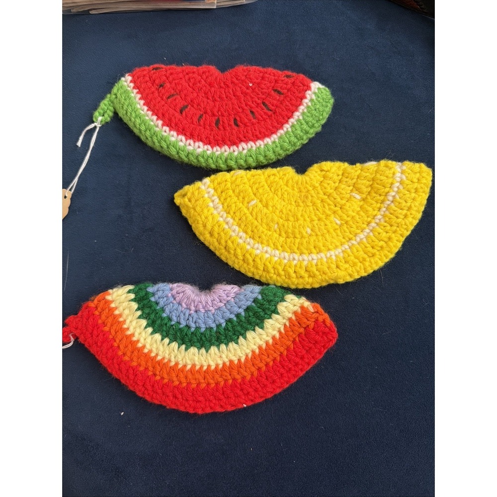 Vtg Lot Of 3 Handmade Crocheted Watermelon,‎ Lemon, Rainbow Potholders 7"x4"